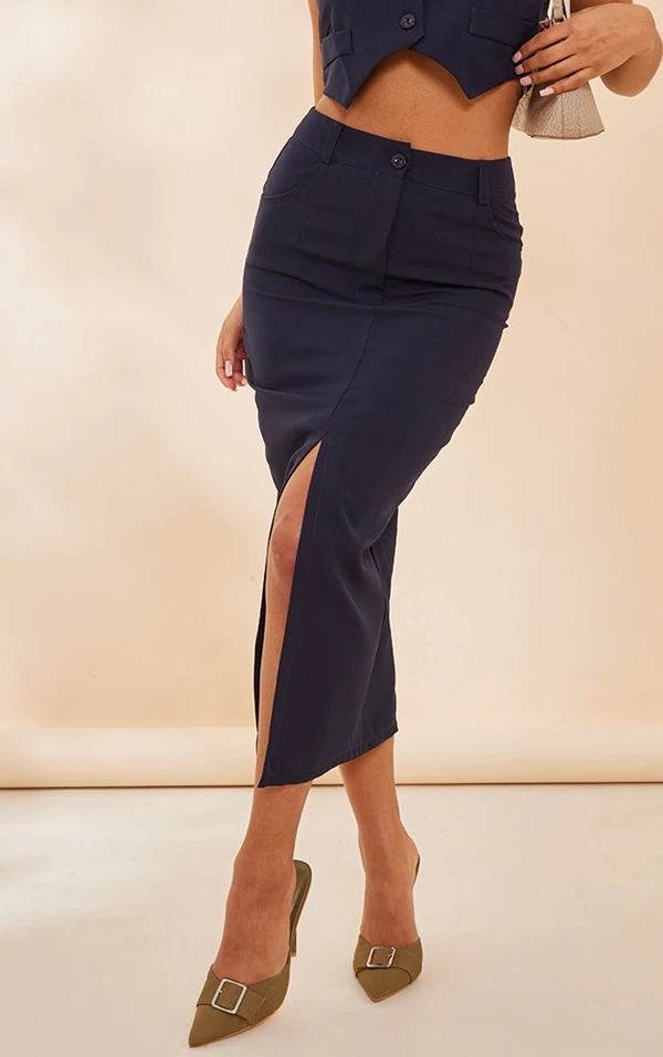 Jupe Fendue Mi-longue Bleu Marine En Maille Tissée – Image 2