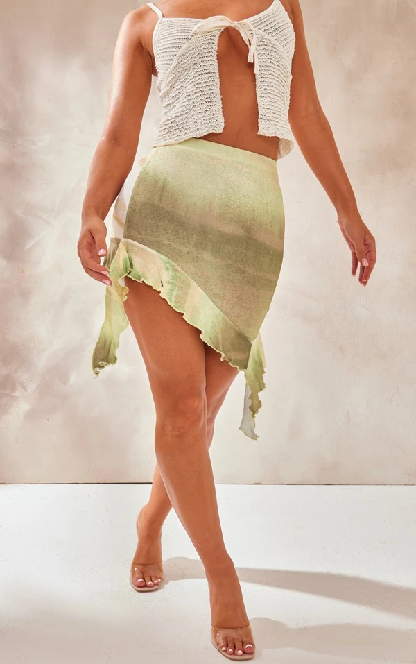 Mini-jupe Asymétrique Sauge Imprimé Ombré En Mesh Dévoré à Volants – Image 2