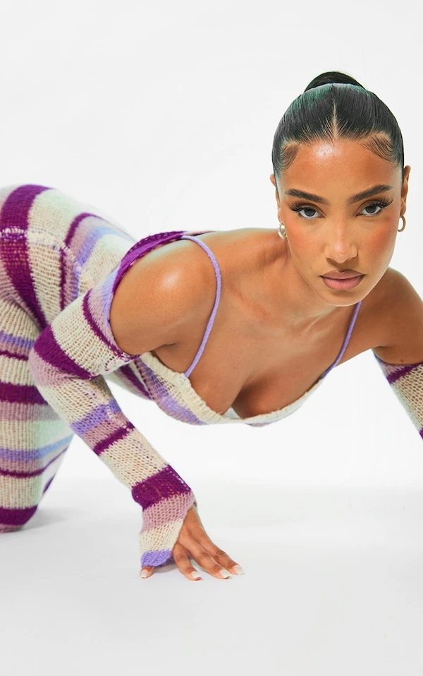 Robe Longue En Maille Tricot Ajourée à Rayures Lilas Et Manches – Image 4