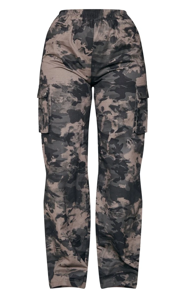 Pantalon Cargo Large Ceinturé Anthracite Imprimé Camouflage à Taille Haute – Image 5