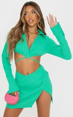 Crop Top En Maille Gaufrée Vert Vif à Nouer