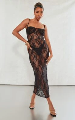 Robe Bustier Longue Noire En Dentelle Transparente à Bretelles