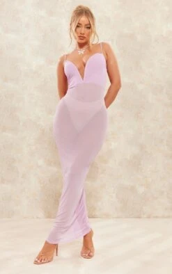 Robe Longue En Mesh Transparent Lilas à Bretelles Et Barre En V Plongeante