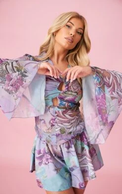 Blouse Ajustée En Mousseline De Soie Lilas Fleurie Froncée Nouée Devant