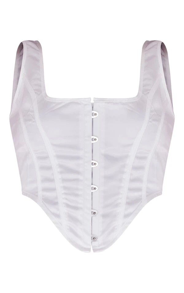 Corset Satiné Blanc à Agrafes Et Ourlet Incurvé – Image 5