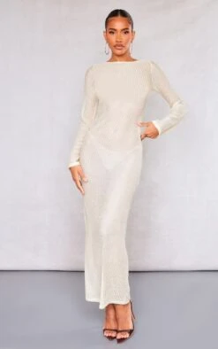 Robe Longue Texturée Ajourée Crème à Manches Longues