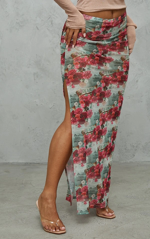 Jupe Mi-longue Vert Sauge Fleurie En Mesh Fendue – Image 2