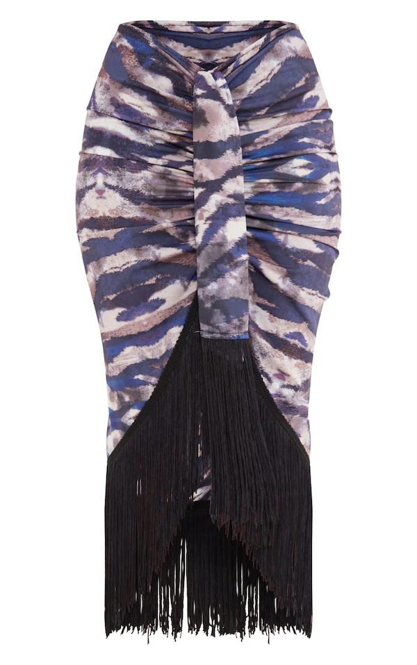 Jupe Mi-longue Marron à Imprimé Tigre Et Ourlet Frangé – Image 5