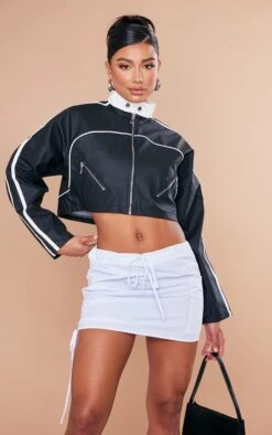 Micro Jupe Style Parachute Blanche à CÎtés Froncés Et Cordons Ajustables à La Taille