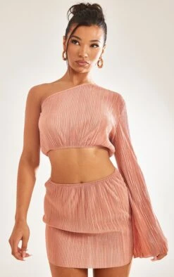 Crop Top Asymétrique Plissé Rouille à Manche Flare