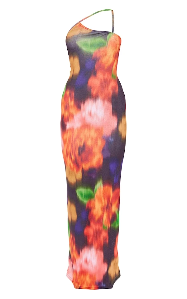 Robe Longue Asymétrique En Mesh Dévoré Multicolore Imprimé Fleurs Floues – Image 5