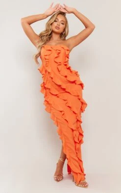 Robe-bustier Asymétrique Longue Orange à Volants