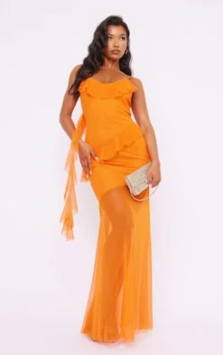 Robe Longue Orange En Mesh Drapé Volanté à Bretelles