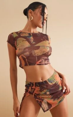 T-shirt Court En Mesh Marron Imprimé Renaissance