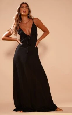 Robe De Plage Longue Noire Crêpée à Nouer