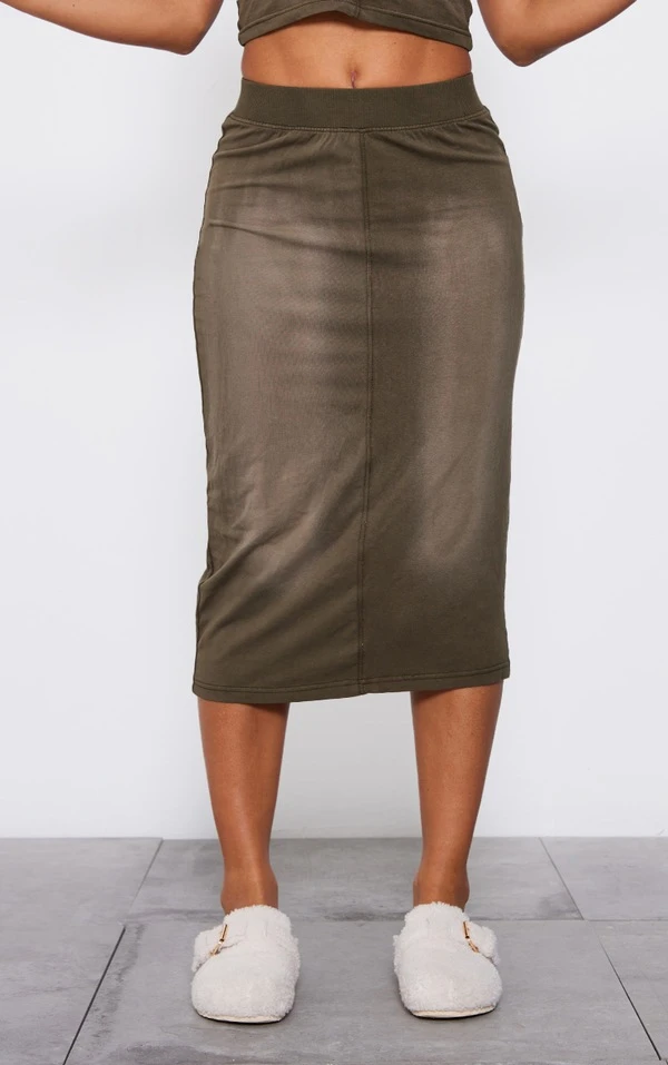 Jupe Mi-longue En Jersey Kaki Délavé à Détail Coutures – Image 2