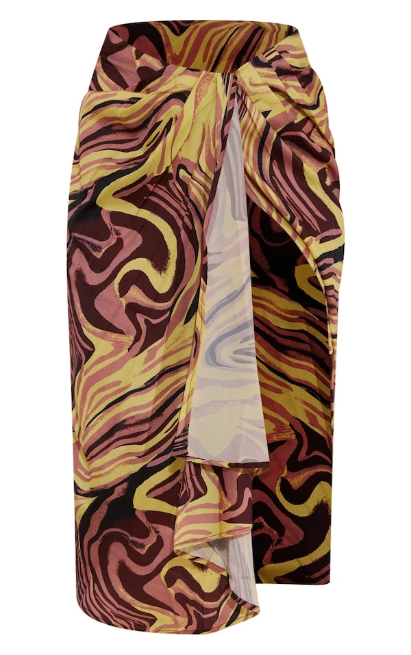 Jupe Mi-longue En Maille Café Au Lait à Devant Ouvert Drapé – Image 5