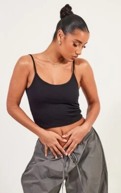 Crop Top Noir En Coton à Bretelles