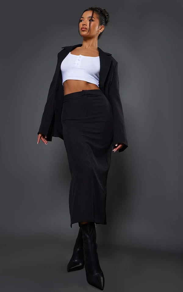 Jupe Mi-longue Ajustée Noire Tissée Taille Haute