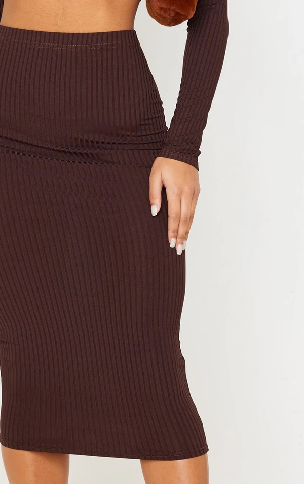 Jupe Taille Haute Mi-longue Marron Côtelée – Image 5