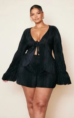 Plus Blouse Plissée Noire à Nouer Devant