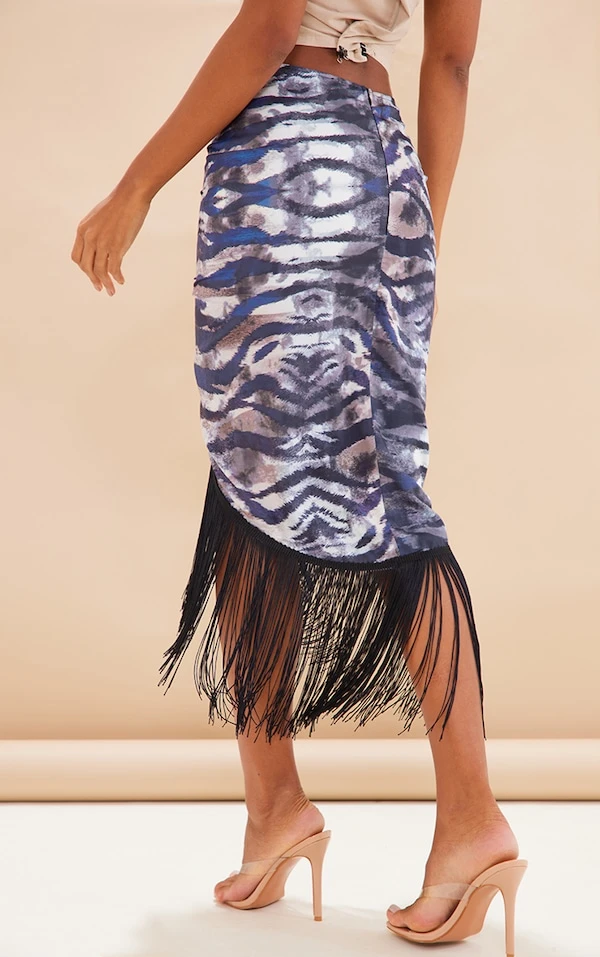 Jupe Mi-longue Marron à Imprimé Tigre Et Ourlet Frangé – Image 3