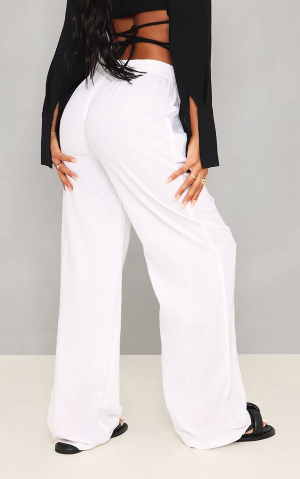 Pantalon Large Effet Lin Blanc à Cordons élastiques – Image 3
