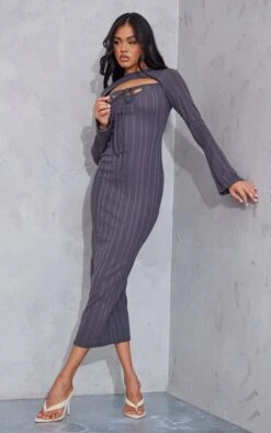 Robe Longue Côtelée Gris Anthracite Découpée à Nouer Dans Le Cou