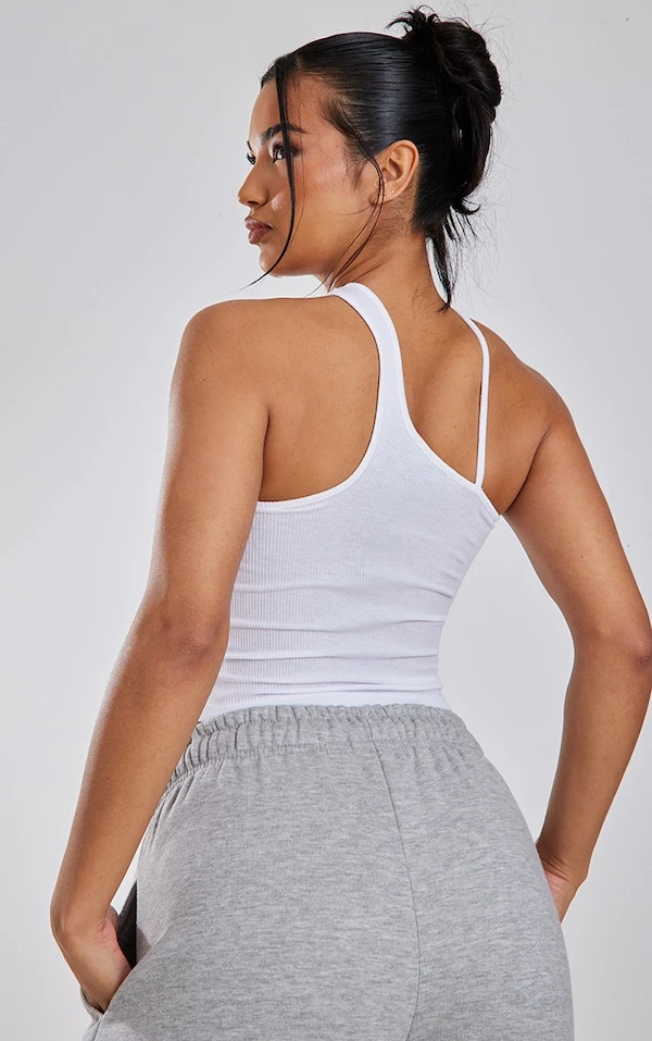 Crop Top Côtelé Doux Asymétrique Blanc Détail Bretelle – Image 2