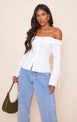 Blouse Boutonnée Blanche En Coton à Col Bardot Et Manches Froncées