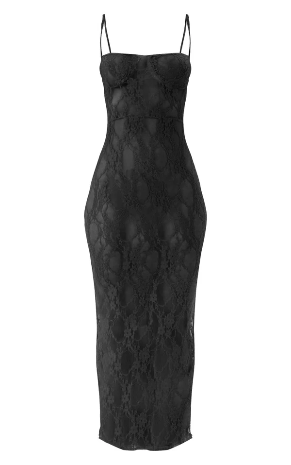 Robe Bustier Longue Noire En Dentelle Transparente à Bretelles – Image 4