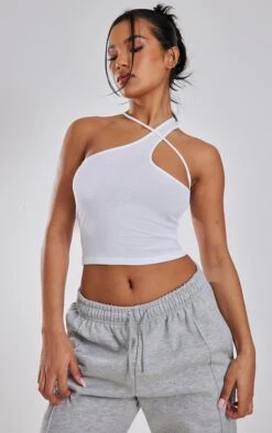 Crop Top Côtelé Doux Asymétrique Blanc Détail Bretelle