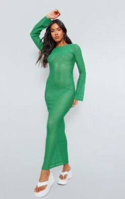 Robe Longue Texturée Ajourée Vert Foncé à Manches Longues