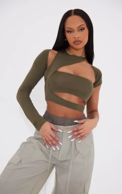 Crop Top Asymétrique Découpé Kaki à Bandeau