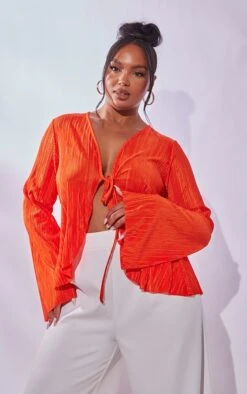 Plus Blouse Plissée Orange à Nouer Devant