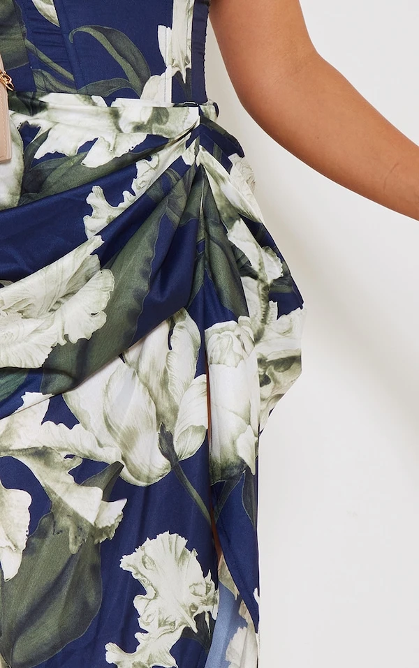 Jupe Mi-longue Bleu Marine Fleurie à Côtés Froncés – Image 4