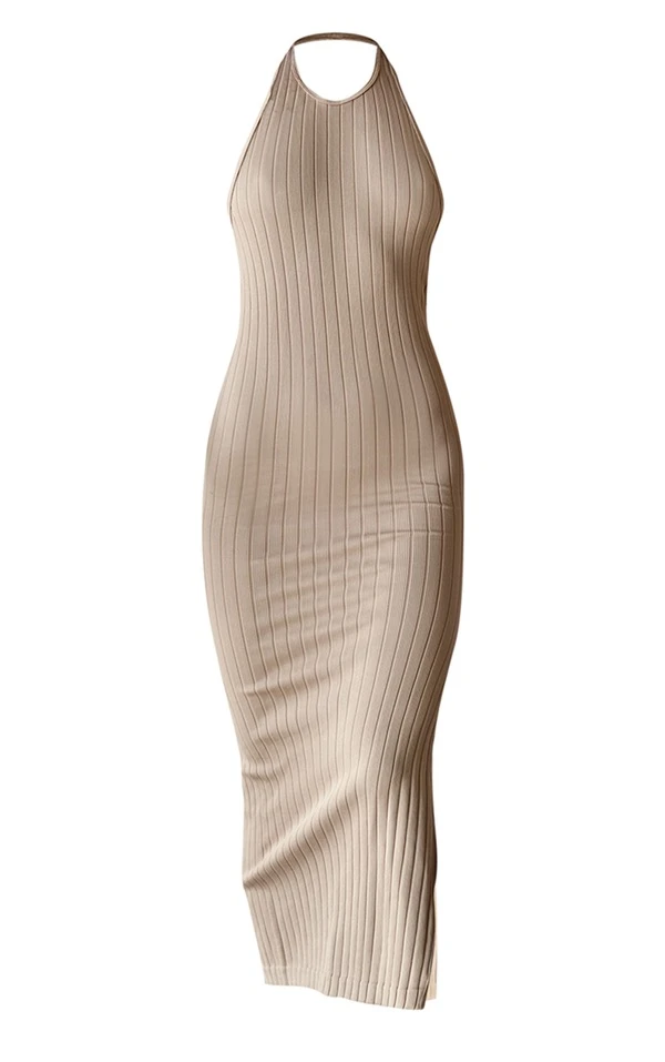 Robe Longue En Maille Côtelée Structurée Gris Pierre à Contours Et Dos Nu Arrondi – Image 5