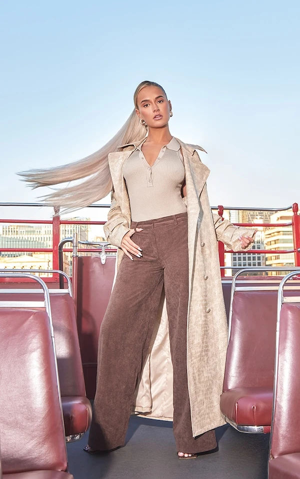 Pantalon Large En Velours Côtelé Chocolat à Taille Mi-haute