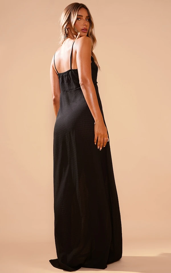 Robe De Plage Longue Noire Crêpée à Nouer – Image 2