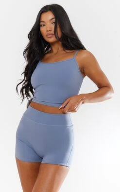 Crop Top Sculpt Bleu Acier Détail Contours à Bretelles