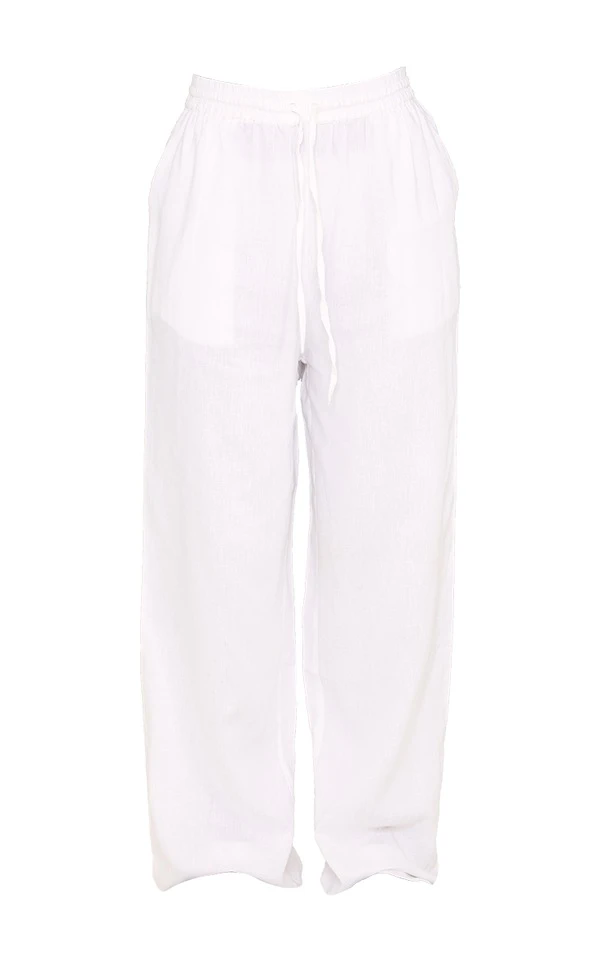 Pantalon Large Effet Lin Blanc à Cordons élastiques – Image 5