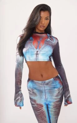 Top Court Moulant Bleu Imprimé Corps à Col Montant Et Manches Longues