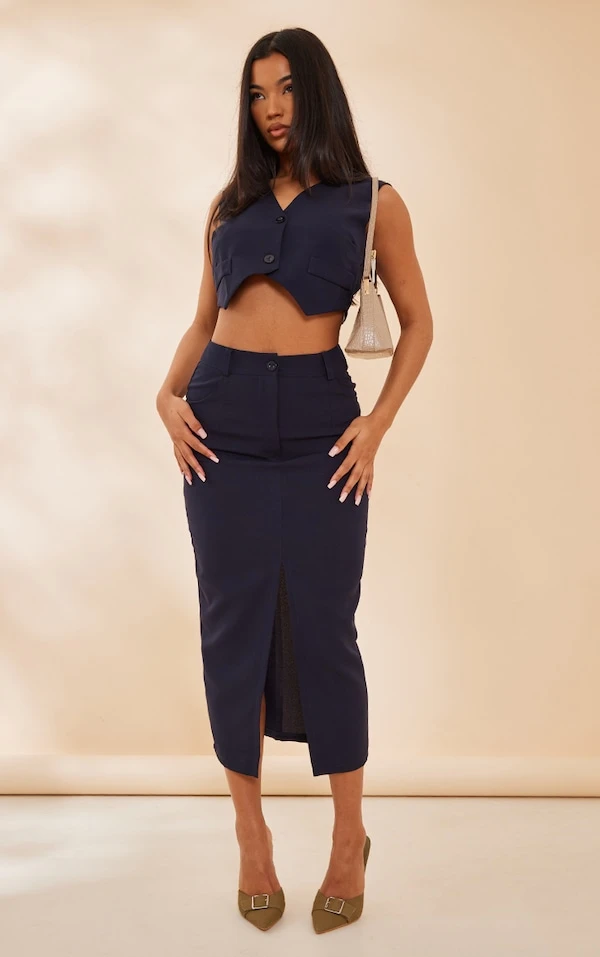 Jupe Fendue Mi-longue Bleu Marine En Maille Tissée