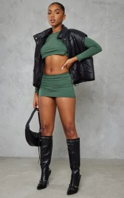 Micro Jupe En Coton Kaki Basique à Taille Basse