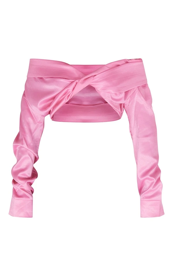 Crop Top Satiné Rose Bonbon à Col Bardot Torsadé Devant – Image 5