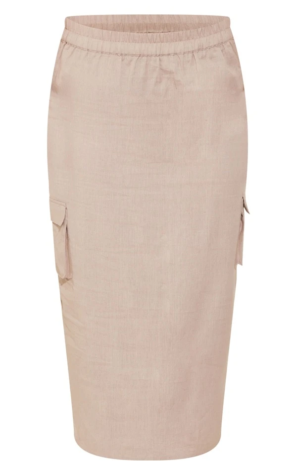 Jupe Mi-longue Style Cargo En Effet Lin Taupe à Poches – Image 5