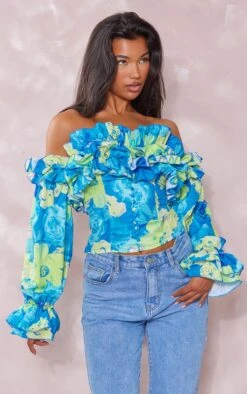 Blouse Bleu Fleurie Volantée à Manches Longues Et épaules Dénudées