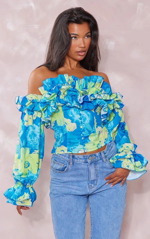 Blouse Bleu Fleurie Volantée à Manches Longues Et épaules Dénudées