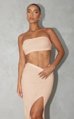 Crop Top Bandeau En Jersey Texturé Gris Pierre