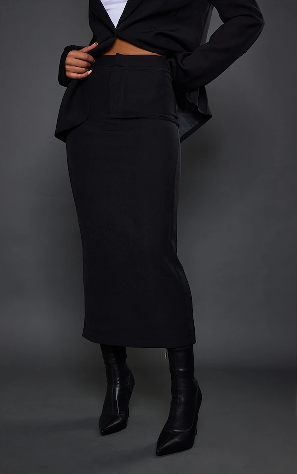 Jupe Mi-longue Ajustée Noire Tissée Taille Haute – Image 2